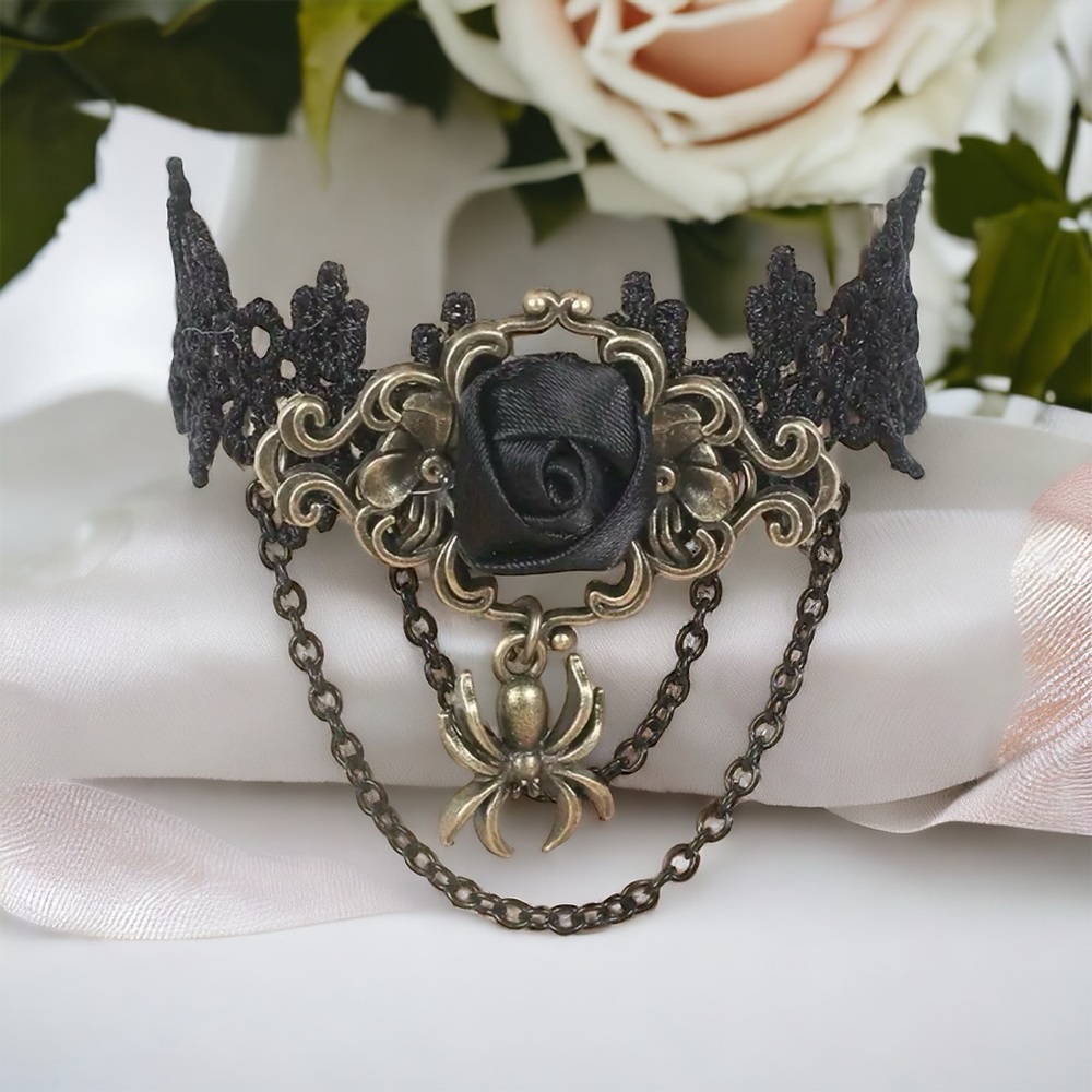1pc Retro Style Gothic Black Rose Lace Tassel Bracelet Spider Rose Bracelet